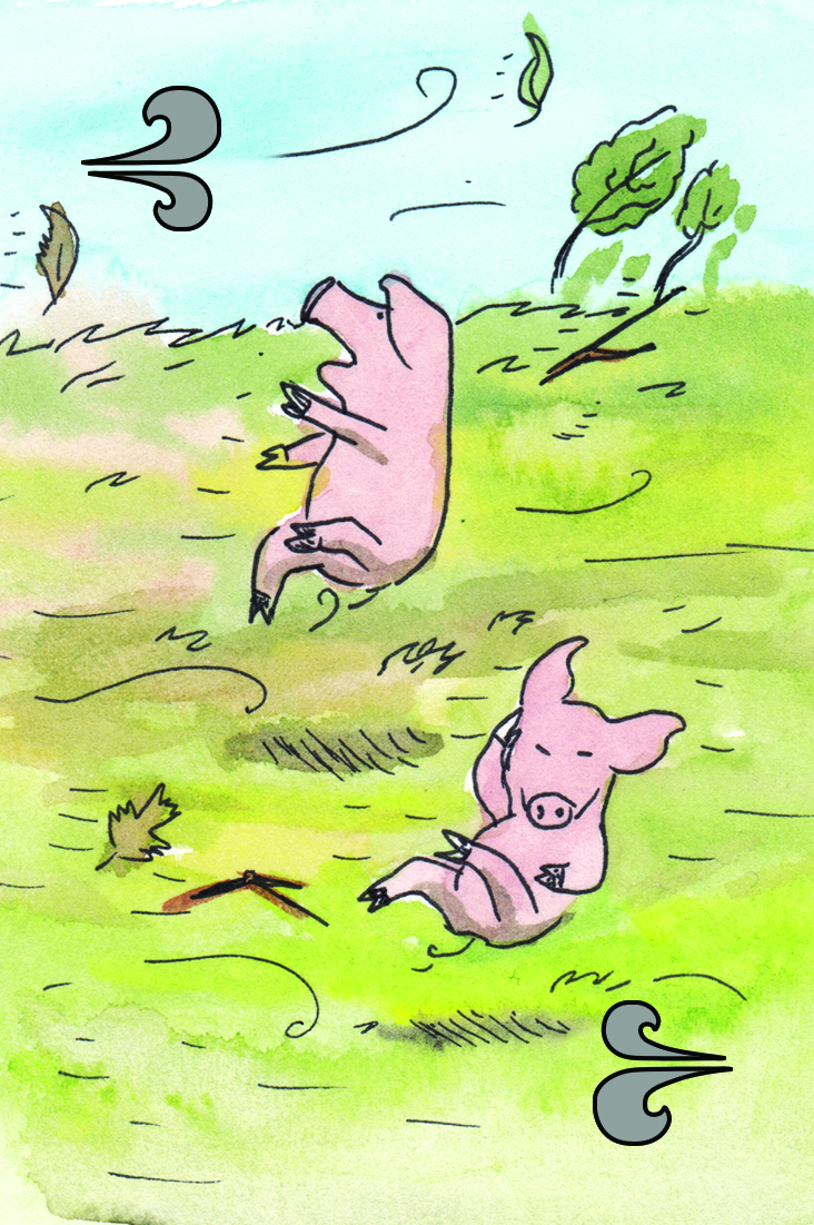 Two piggies blown across a field on the Huff and Puff card